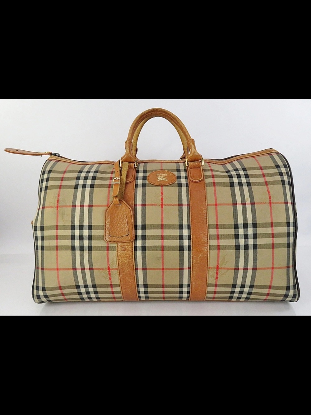 Burberry Beige Check Travel Duffel with Tan Leather Trim